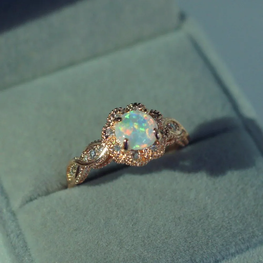*NEW Rose Gold Round Opal Diamond Halo Twist Ring